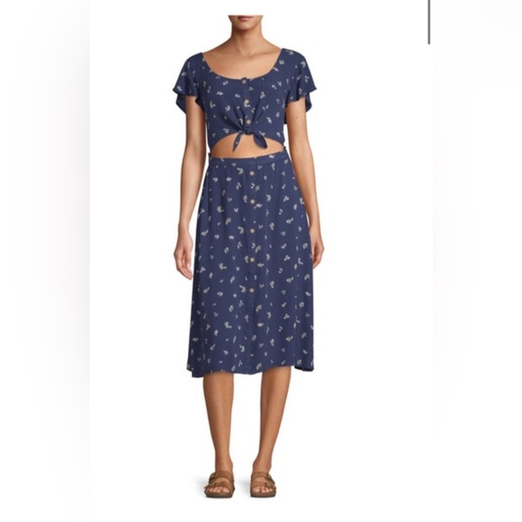 Arizona Jean Co. Large Navy Floral Midi Dress with Open Middle/ Stomach - Picture 1 of 7